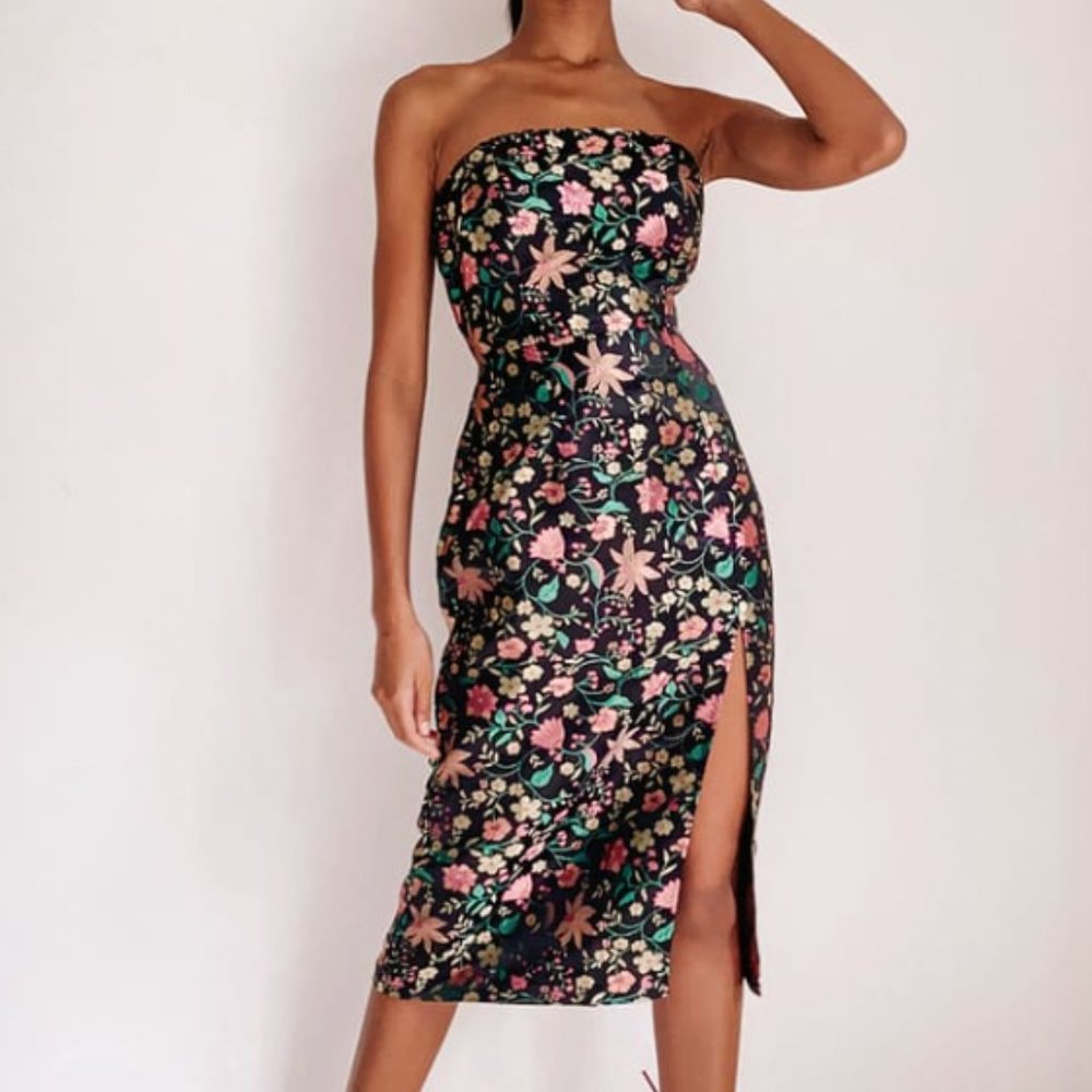 Lulus Make a Move Black Satin Floral Jacquard Strapless Midi Dress Size XS